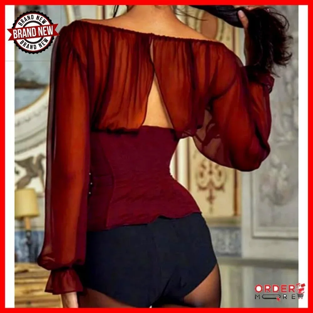 Sheer Long Sleeve Corset Top Y2K Tie Front Blouse Elegant Evening Wear